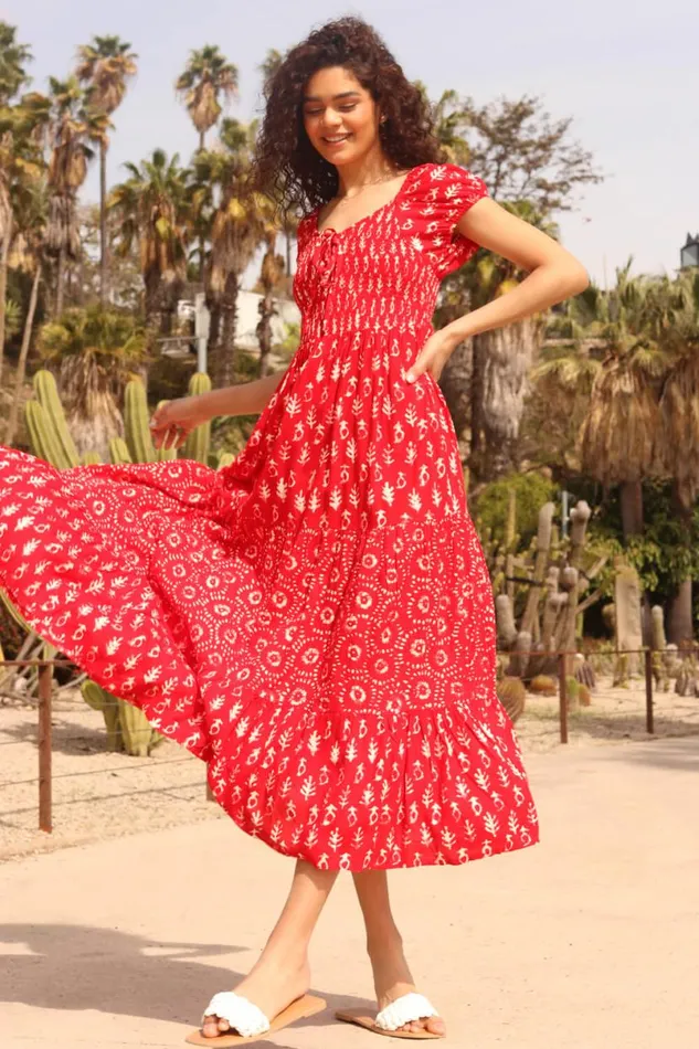 Red Boho Print Tiered Maxi Dress Women Roman Dresses