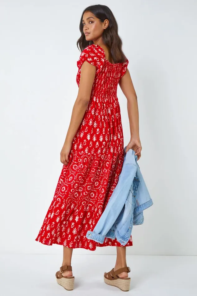 Red Boho Print Tiered Maxi Dress Women Roman Dresses