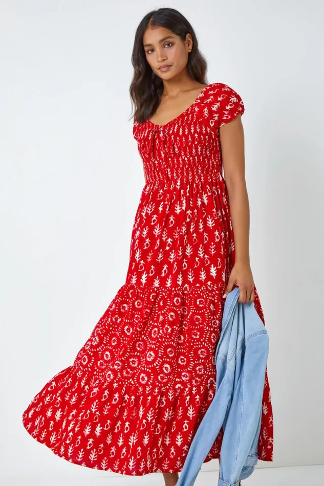 Red Boho Print Tiered Maxi Dress Women Roman Dresses