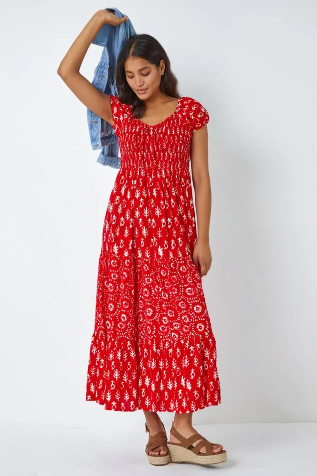 Red Boho Print Tiered Maxi Dress Women Roman Dresses