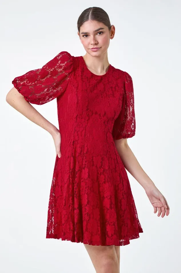 Red Cotton Blend Lace Bell Sleeve Dress Women Roman Dresses