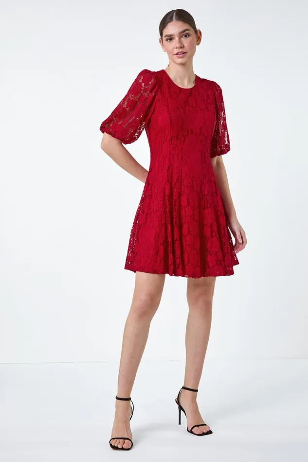 Red Cotton Blend Lace Bell Sleeve Dress Women Roman Dresses