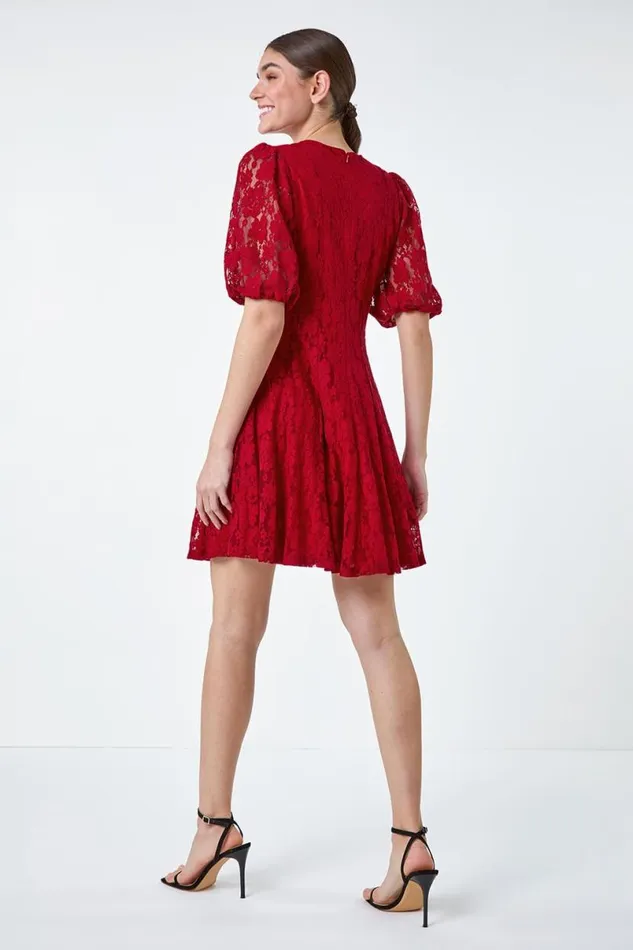 Red Cotton Blend Lace Bell Sleeve Dress Women Roman Dresses