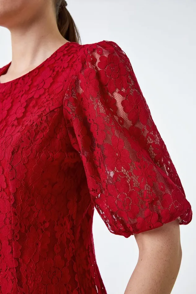 Red Cotton Blend Lace Bell Sleeve Dress Women Roman Dresses