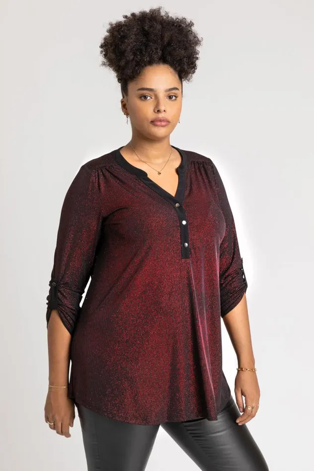 Red Curve Glitter Stripe Button Detail Tunic Top Women Roman Tops