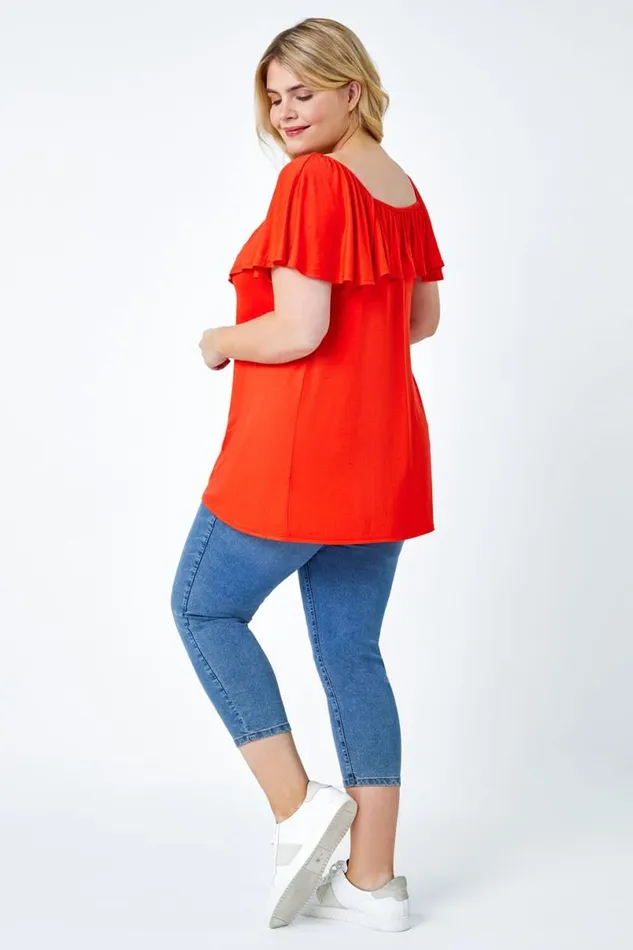 Red Curve Plain Bardot Stretch Top Women Roman Tops