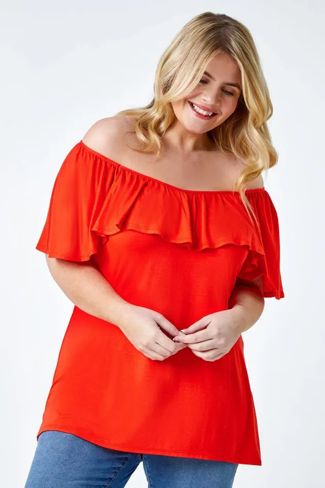 Red Curve Plain Bardot Stretch Top Women Roman Tops