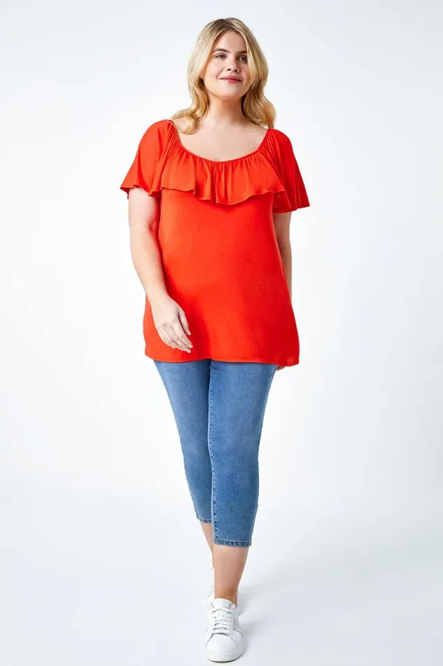 Red Curve Plain Bardot Stretch Top Women Roman Tops