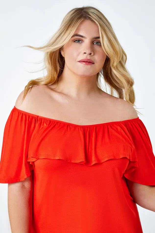Red Curve Plain Bardot Stretch Top Women Roman Tops