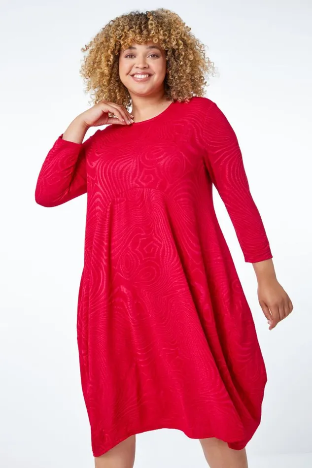 Red Curve Swirl Texture Cocoon Dress Women Roman Dresses