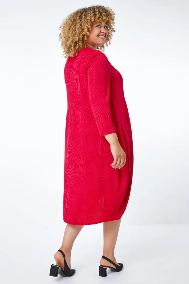 Red Curve Swirl Texture Cocoon Dress Women Roman Dresses