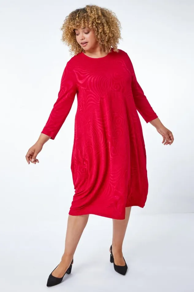 Red Curve Swirl Texture Cocoon Dress Women Roman Dresses