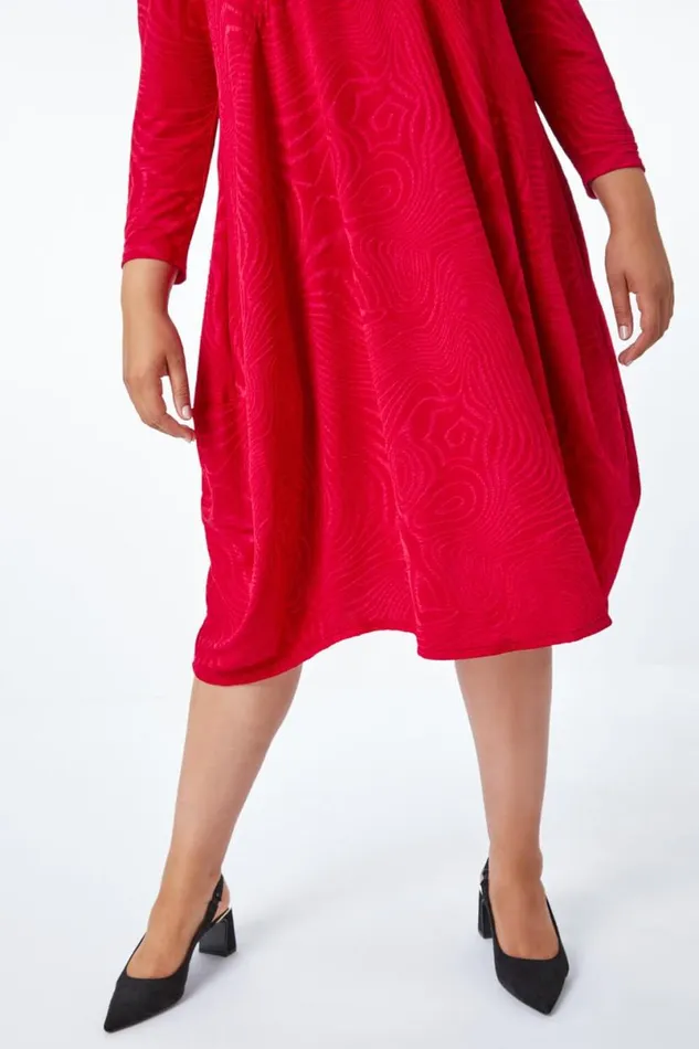 Red Curve Swirl Texture Cocoon Dress Women Roman Dresses
