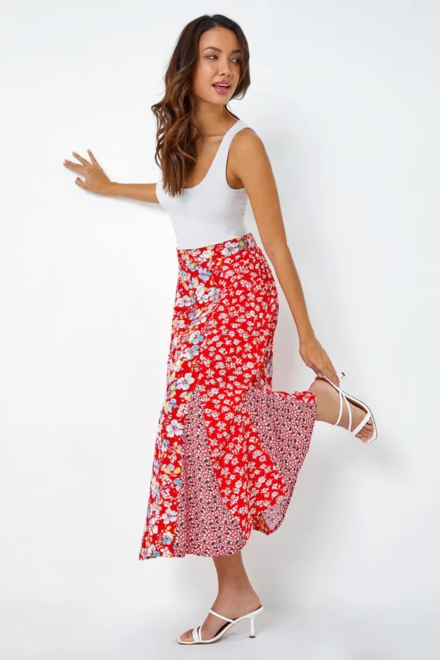 Red Ditsy Floral Print A Line Midi Skirt Women Roman Skirts