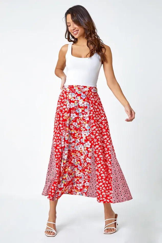 Red Ditsy Floral Print A Line Midi Skirt Women Roman Skirts