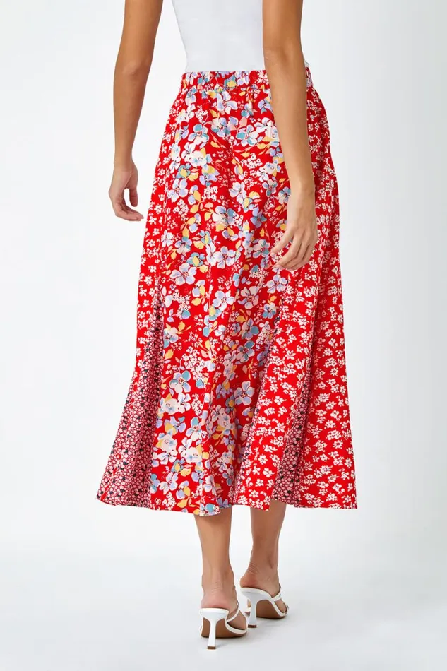 Red Ditsy Floral Print A Line Midi Skirt Women Roman Skirts