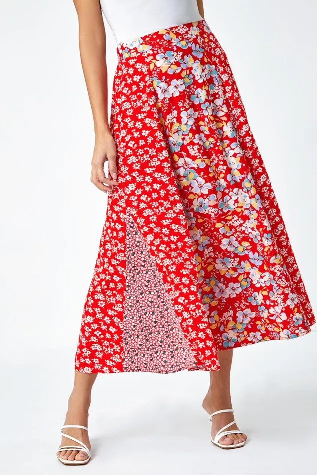Red Ditsy Floral Print A Line Midi Skirt Women Roman Skirts