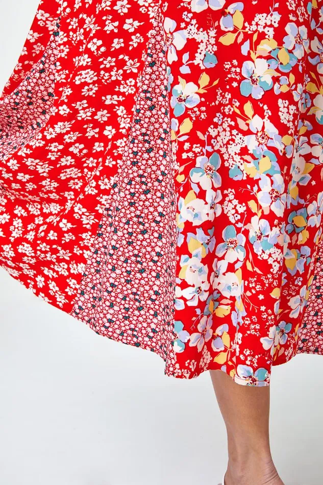 Red Ditsy Floral Print A Line Midi Skirt Women Roman Skirts