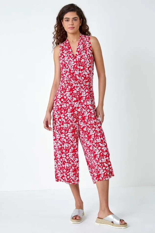 Red Ditsy Floral Wide Leg Stretch Jumpsuit Women Roman Dresses