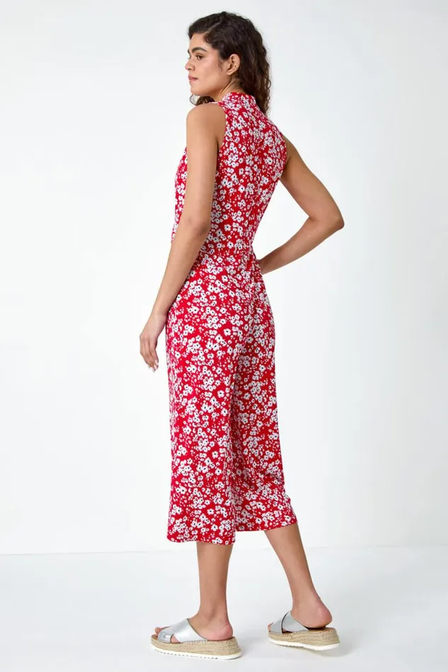 Red Ditsy Floral Wide Leg Stretch Jumpsuit Women Roman Dresses