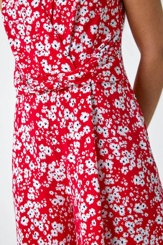 Red Ditsy Floral Wide Leg Stretch Jumpsuit Women Roman Dresses
