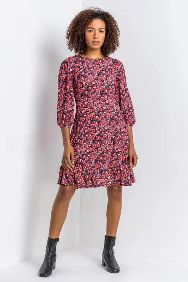 Red Floral Print Frill Hem Tea Dress Women Roman Dresses