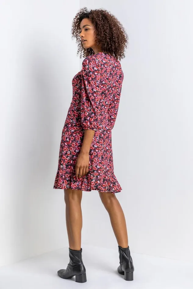 Red Floral Print Frill Hem Tea Dress Women Roman Dresses