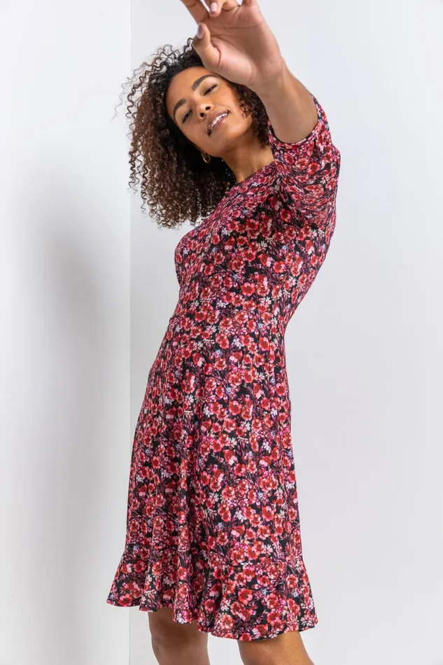 Red Floral Print Frill Hem Tea Dress Women Roman Dresses