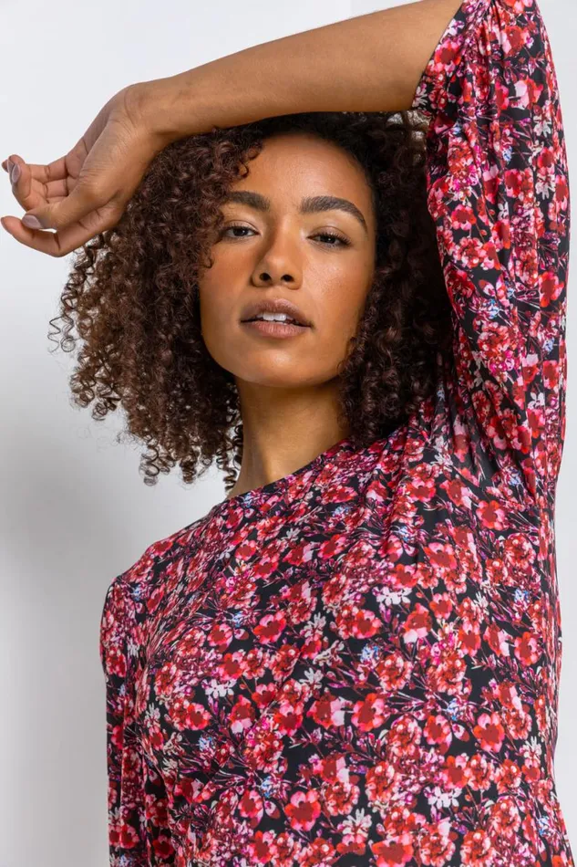 Red Floral Print Frill Hem Tea Dress Women Roman Dresses