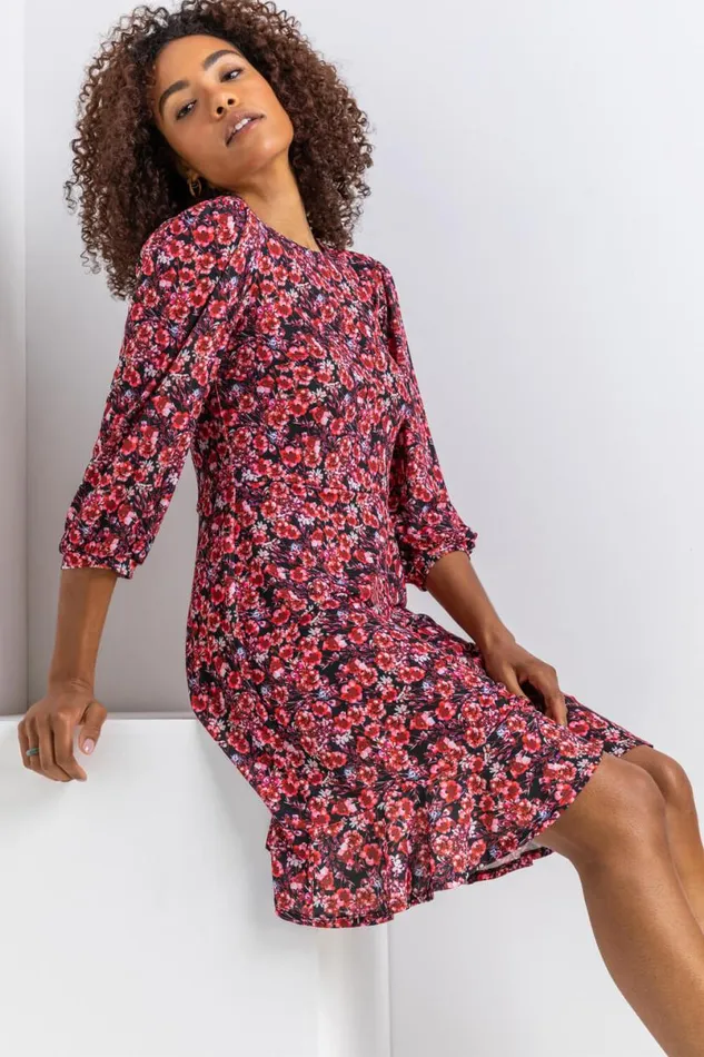 Red Floral Print Frill Hem Tea Dress Women Roman Dresses