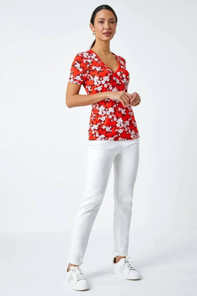 Red Floral Print Wrap VNeck Stretch Top Women Roman Tops