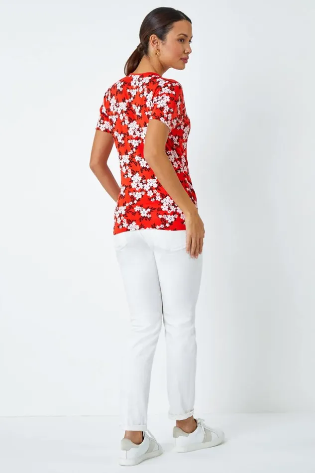 Red Floral Print Wrap VNeck Stretch Top Women Roman Tops