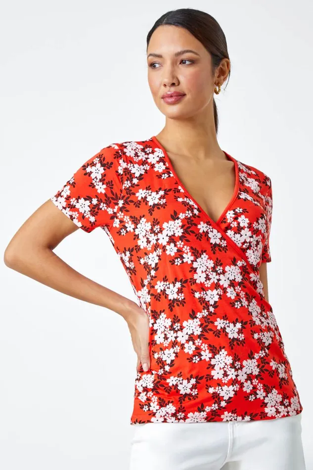 Red Floral Print Wrap VNeck Stretch Top Women Roman Tops