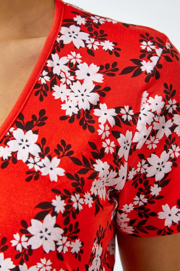 Red Floral Print Wrap VNeck Stretch Top Women Roman Tops
