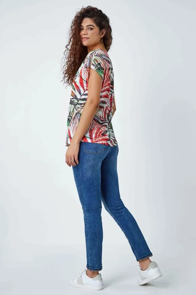 Red Leaf Hotfix Embellished Stretch TShirt Women Roman Tops