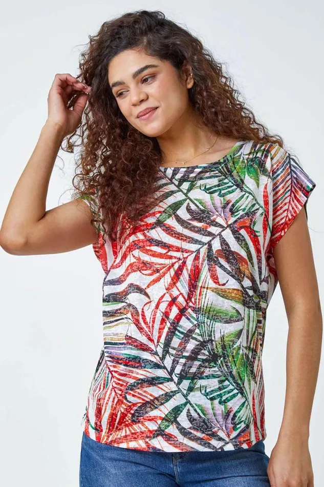 Red Leaf Hotfix Embellished Stretch TShirt Women Roman Tops