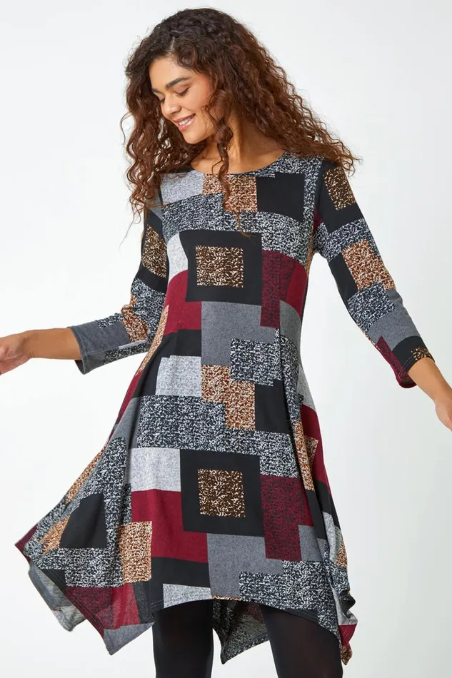 Red Patchwork Pocket Detail Stretch Dress Women Roman Dresses
