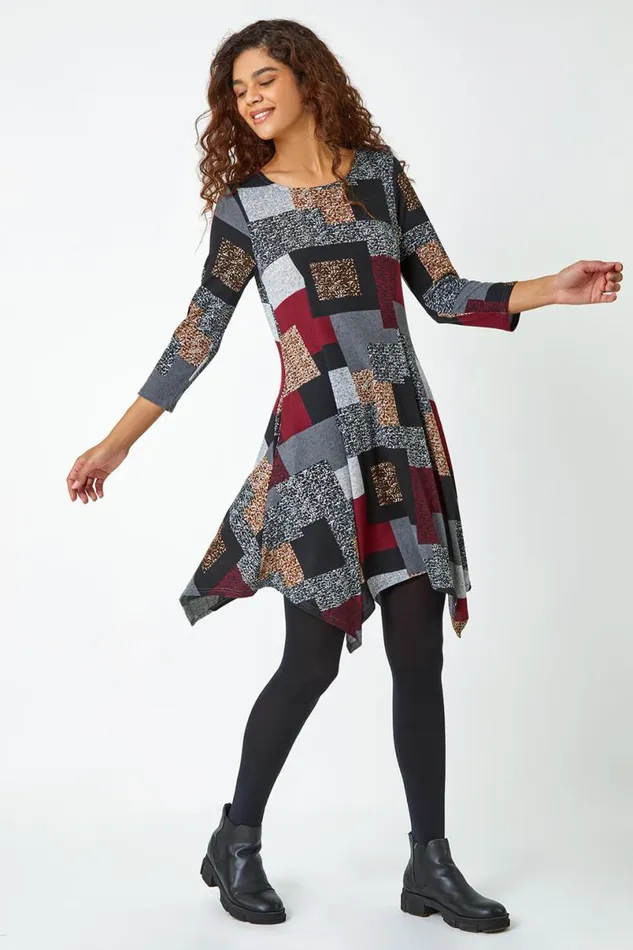 Red Patchwork Pocket Detail Stretch Dress Women Roman Dresses
