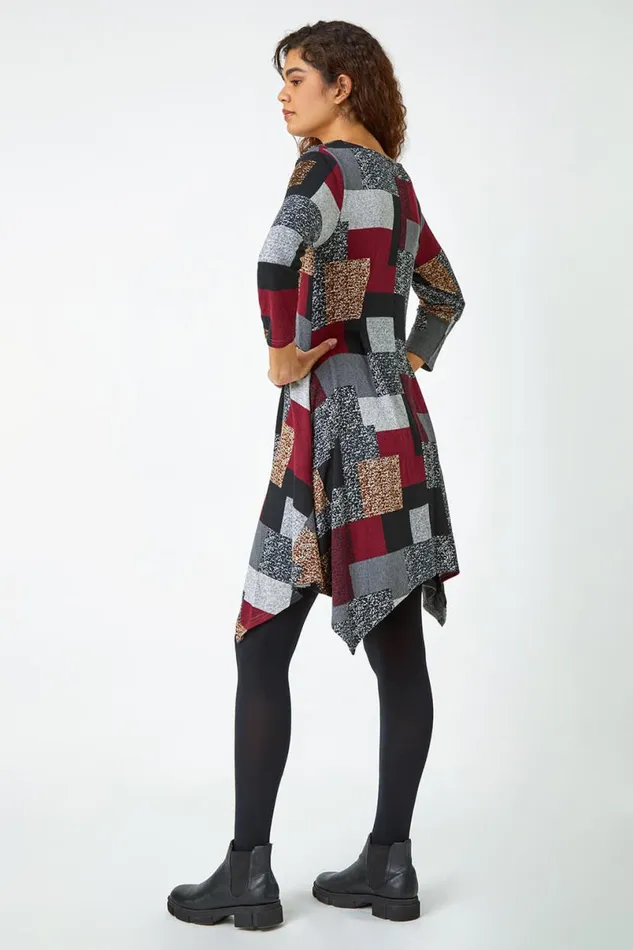 Red Patchwork Pocket Detail Stretch Dress Women Roman Dresses