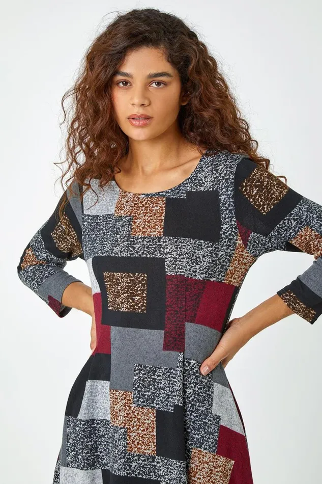 Red Patchwork Pocket Detail Stretch Dress Women Roman Dresses