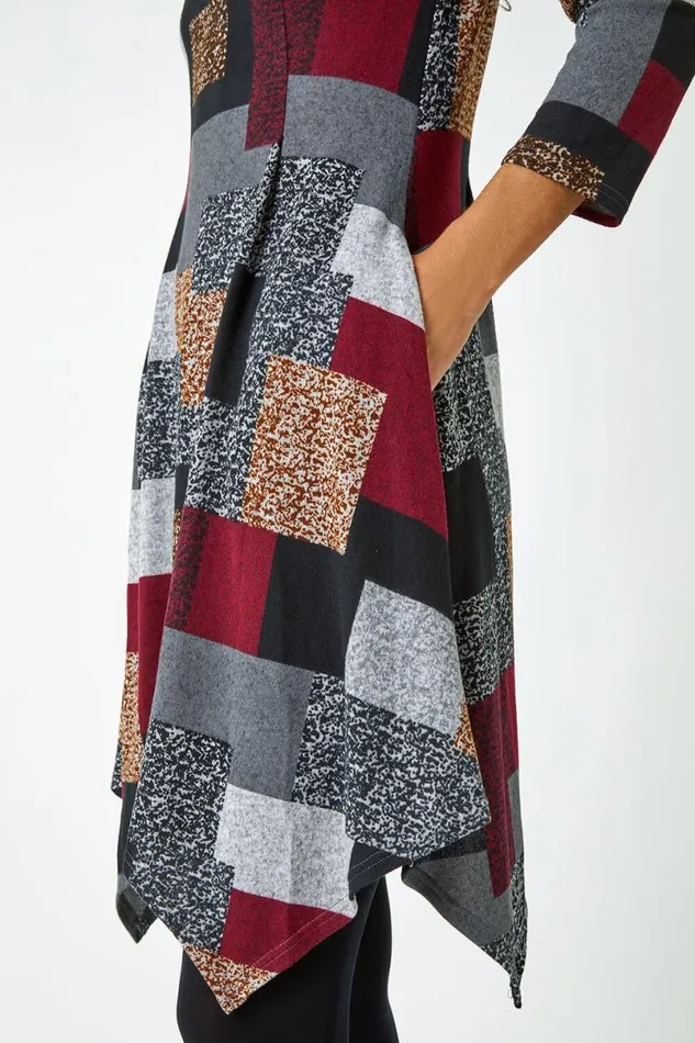 Red Patchwork Pocket Detail Stretch Dress Women Roman Dresses