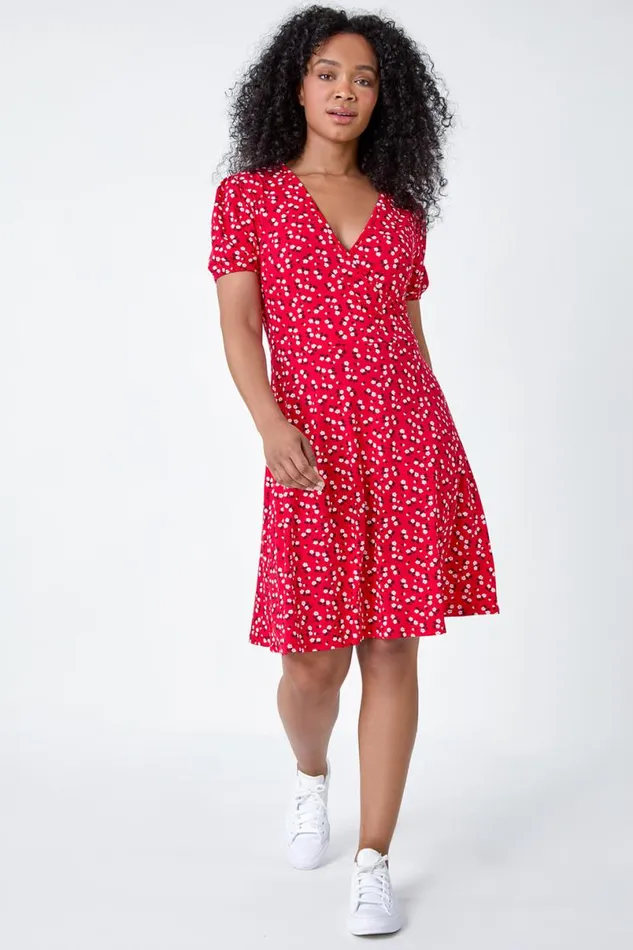Red Petite Ditsy Wrap Stretch Dress Women Roman Dresses