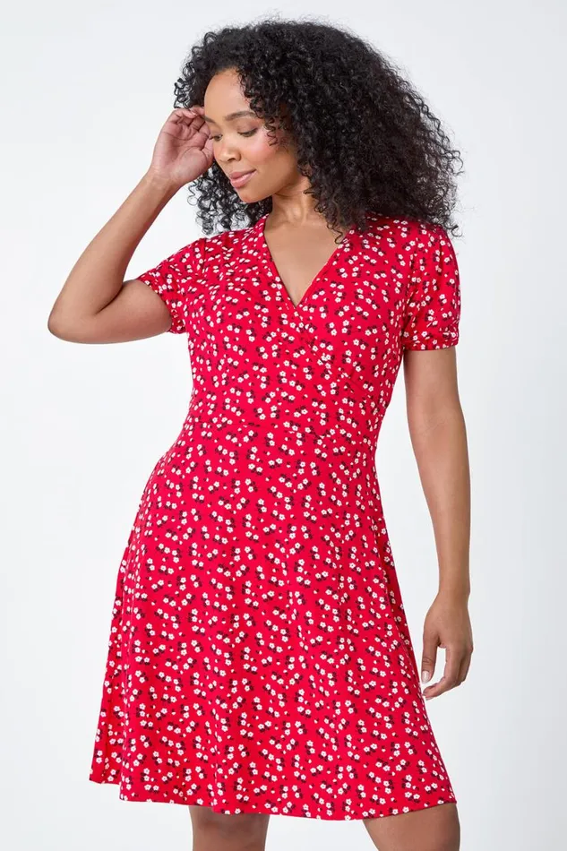 Red Petite Ditsy Wrap Stretch Dress Women Roman Dresses