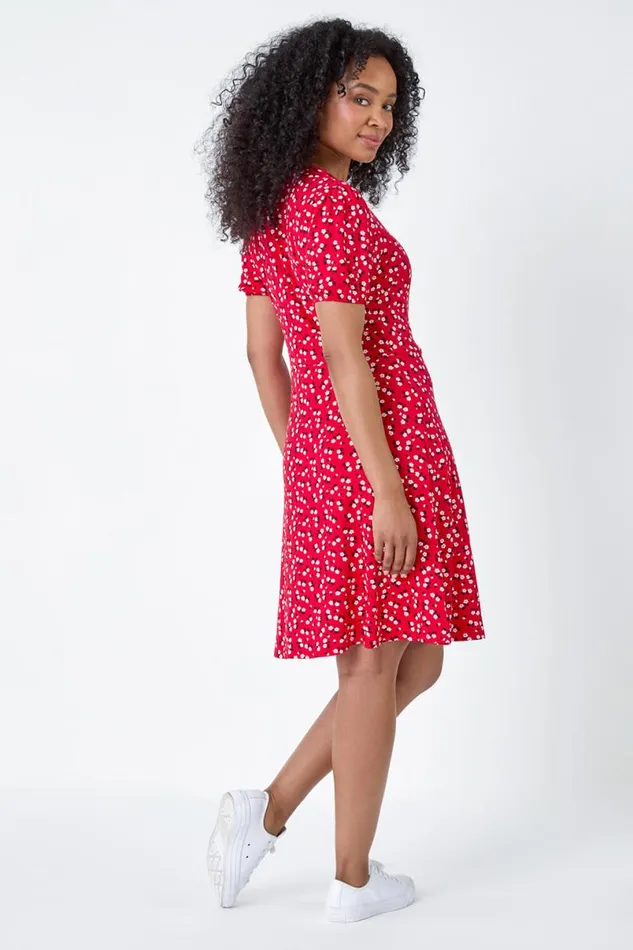 Red Petite Ditsy Wrap Stretch Dress Women Roman Dresses