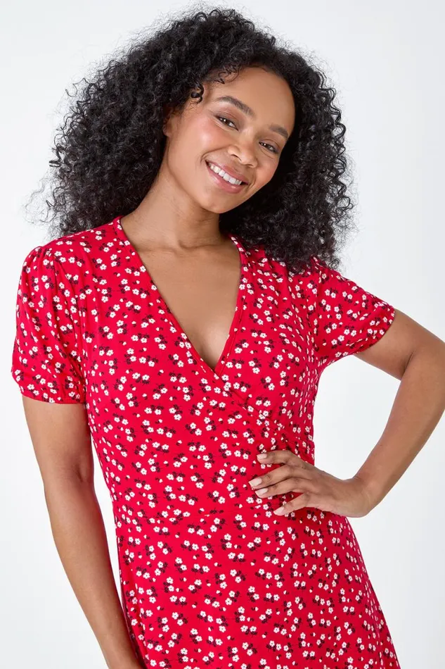 Red Petite Ditsy Wrap Stretch Dress Women Roman Dresses