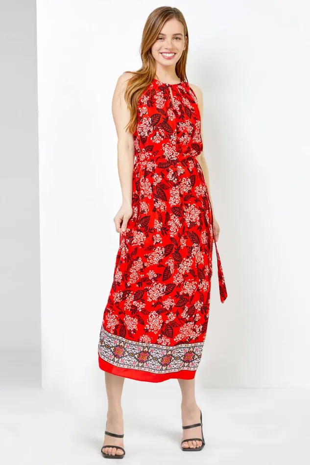 Red Petite Floral Print Halter Neck Dress Women Roman Dresses