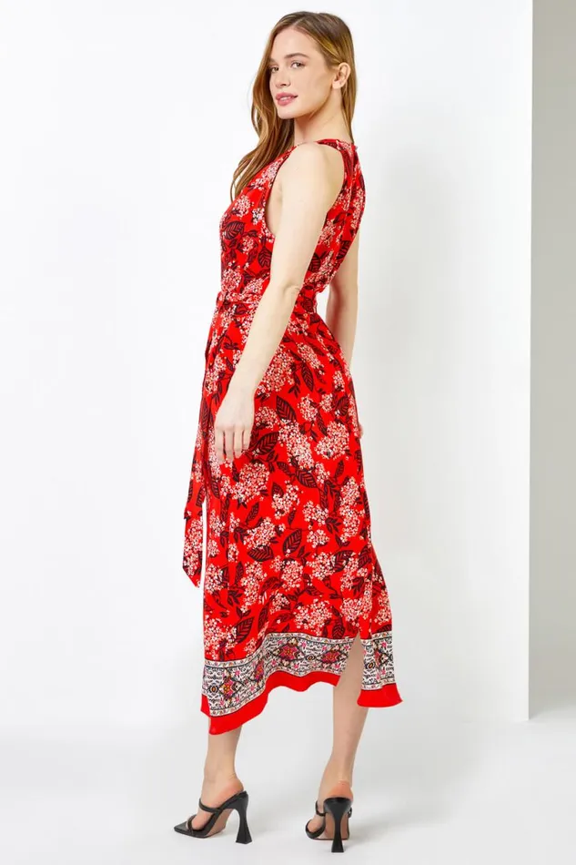 Red Petite Floral Print Halter Neck Dress Women Roman Dresses