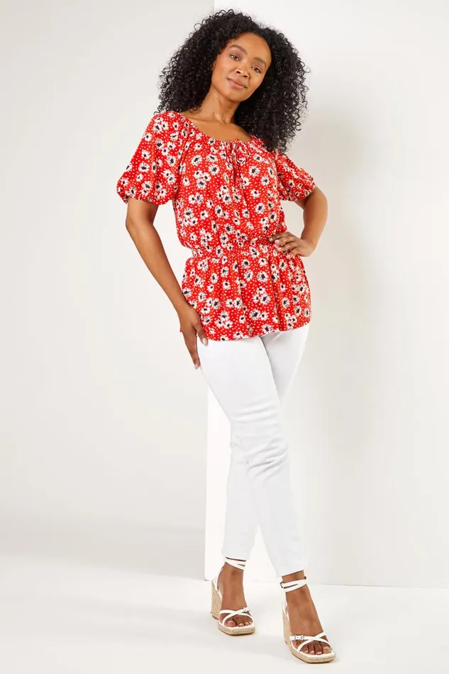 Red Petite Floral Print Shirred Waist Top Women Roman Tops