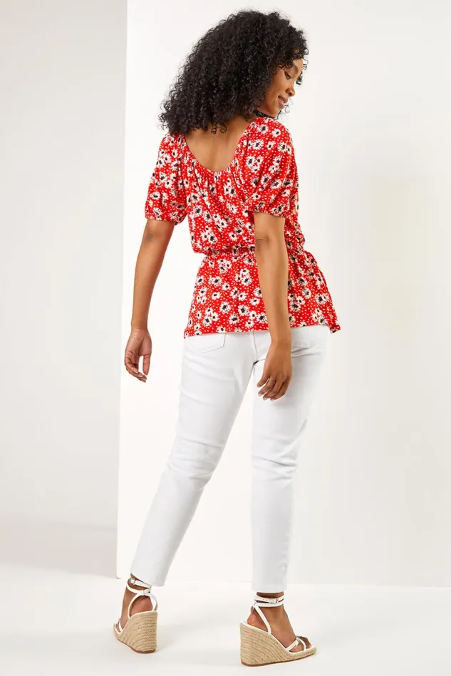 Red Petite Floral Print Shirred Waist Top Women Roman Tops