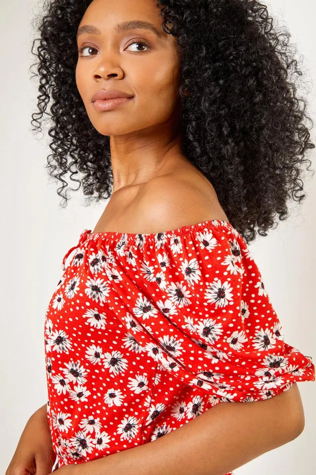 Red Petite Floral Print Shirred Waist Top Women Roman Tops